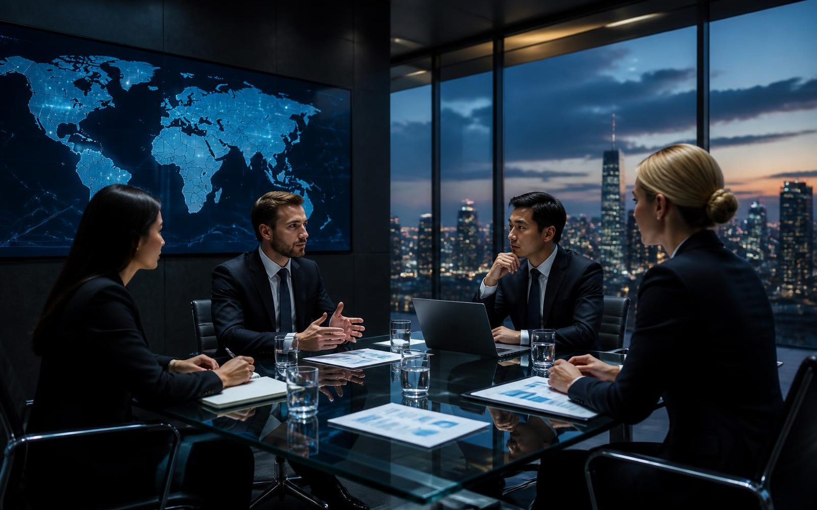 Four executives in a high-rise boardroom at dusk with a world map on the wall screen and a city skyline beyond