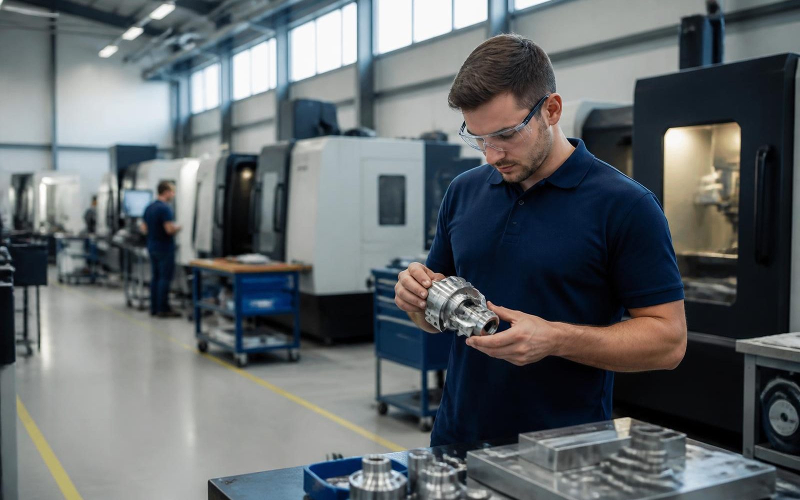 Engineer in safety glasses inspecting a machined metal component beside CNC machining cells