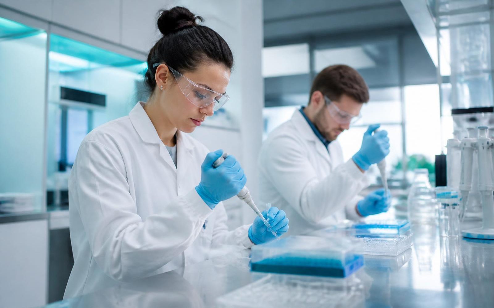 Two scientists in lab coats and gloves pipetting samples at a stainless steel laboratory bench