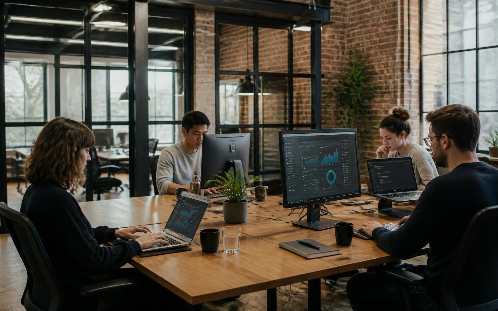 Small software team working at a long desk with monitors showing abstract dashboards in a brick-and-steel office