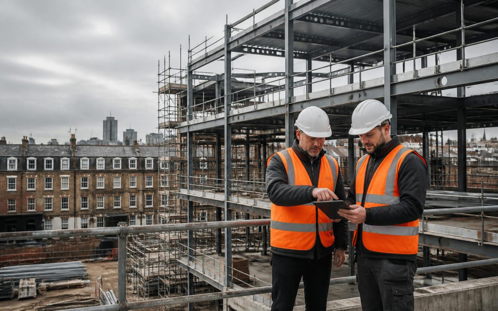 Two site workers in high-visibility vests and hard hats reviewing drawings on a tablet on a steel-frame building under scaffold